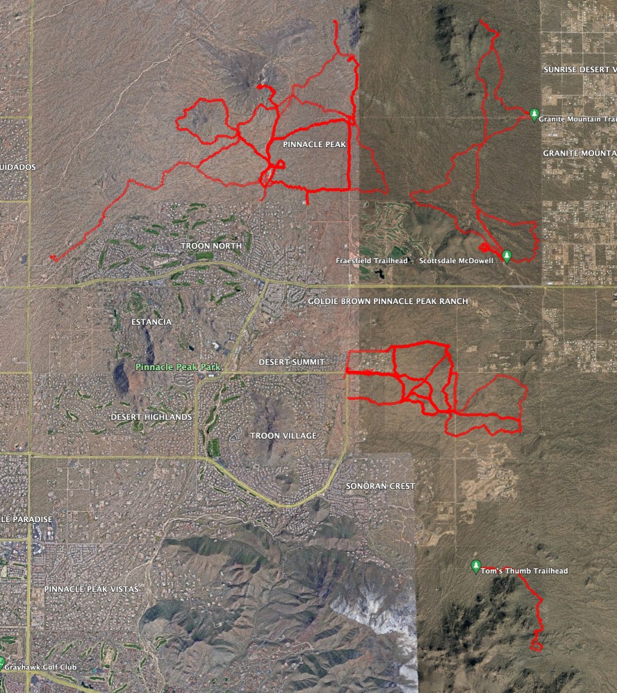 A map of NE Scottsdale showing with red traces many of the trails my dog Bear and I have hiked since December 2022.